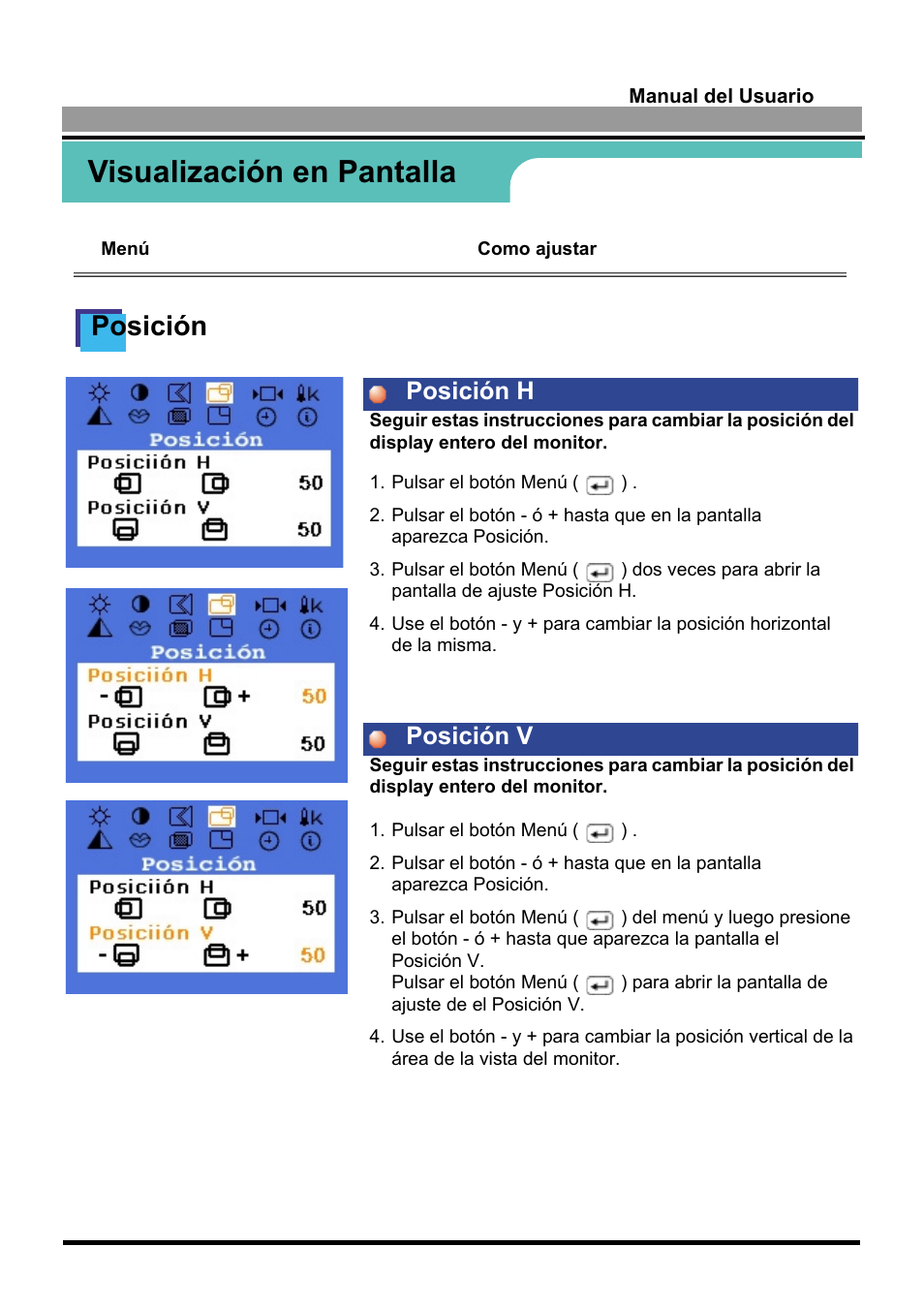 Visualización en pantalla, Posición, Posición h posición v | Samsung 170S User Manual | Page 37 / 71