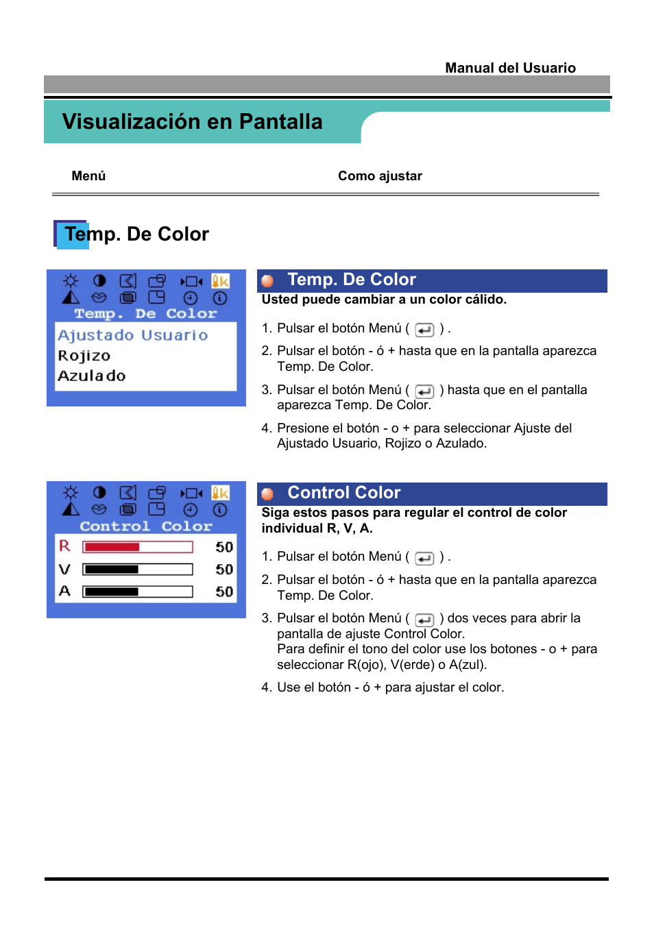 Visualización en pantalla, Temp. de color, Temp. de color control color | Samsung 170S User Manual | Page 39 / 71