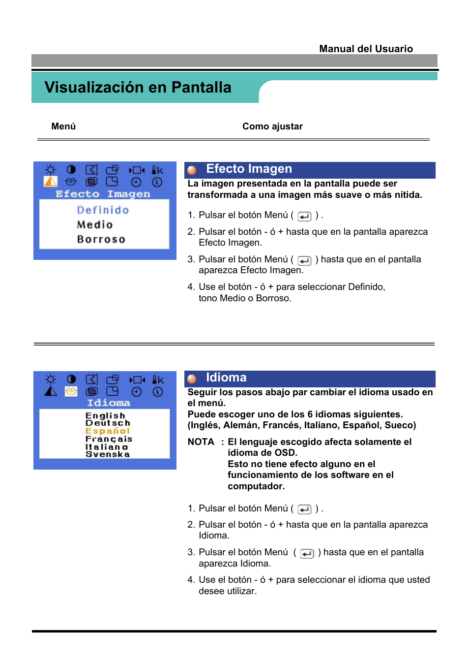 Visualización en pantalla, Efecto imagen idioma | Samsung 170S User Manual | Page 40 / 71