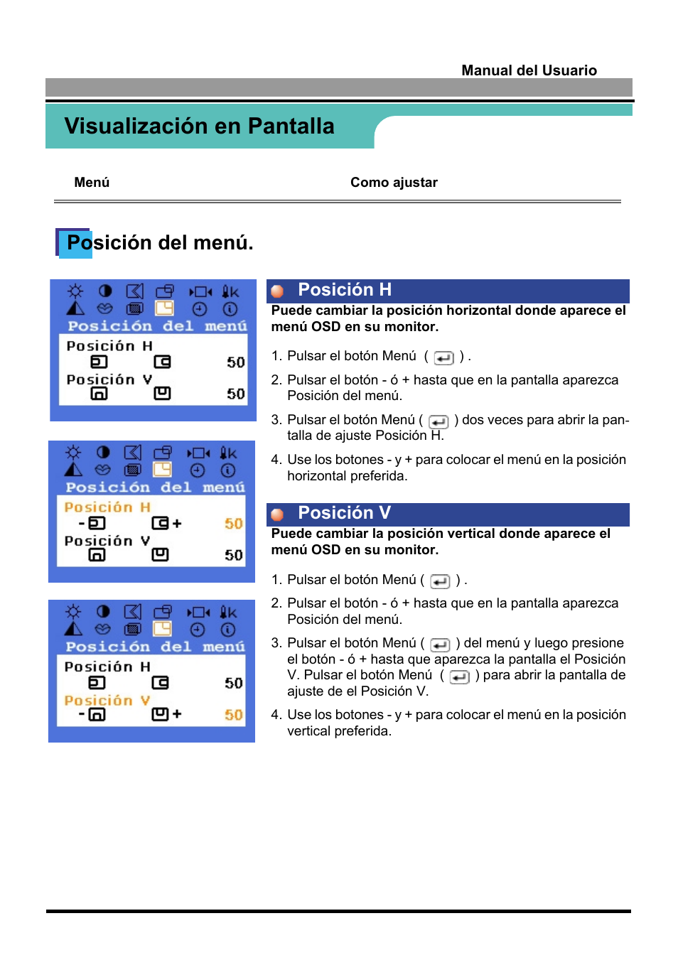 Visualización en pantalla, Posición del menú, Posición h posición v | Samsung 170S User Manual | Page 42 / 71