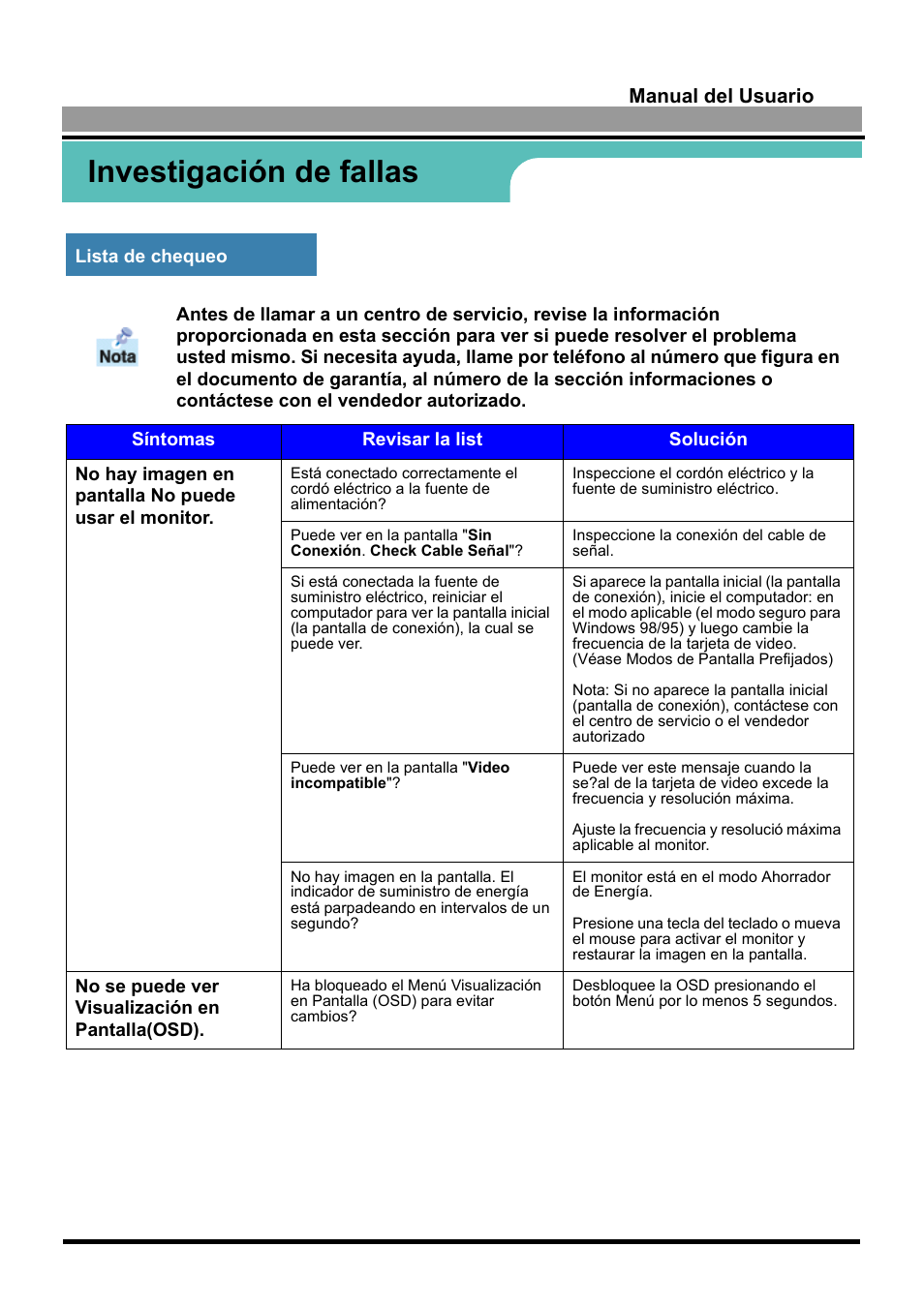 Investigación de fallas, Manual del usuario | Samsung 170S User Manual | Page 45 / 71