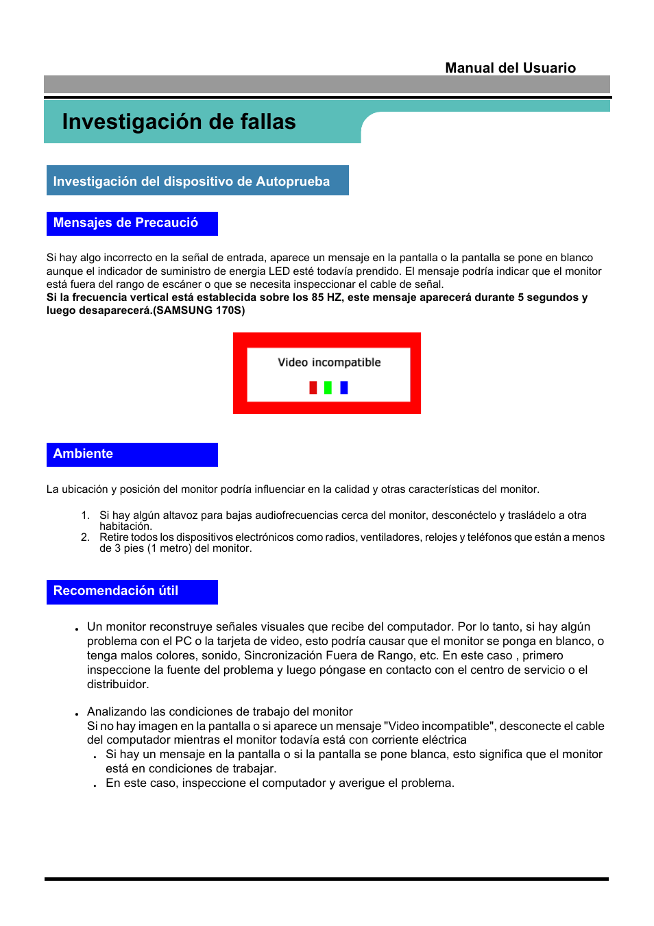 Investigación de fallas | Samsung 170S User Manual | Page 51 / 71