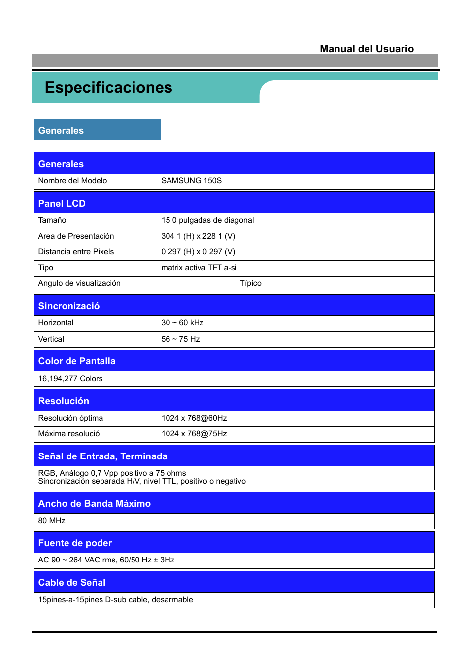 Especificaciones | Samsung 170S User Manual | Page 52 / 71