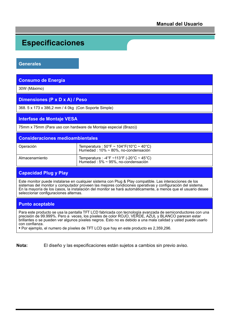 Especificaciones | Samsung 170S User Manual | Page 53 / 71