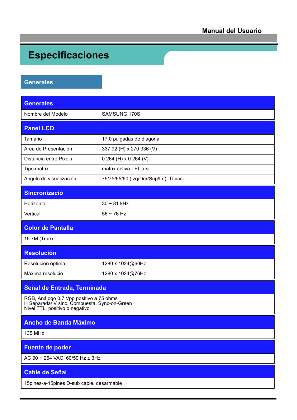 Especificaciones | Samsung 170S User Manual | Page 54 / 71