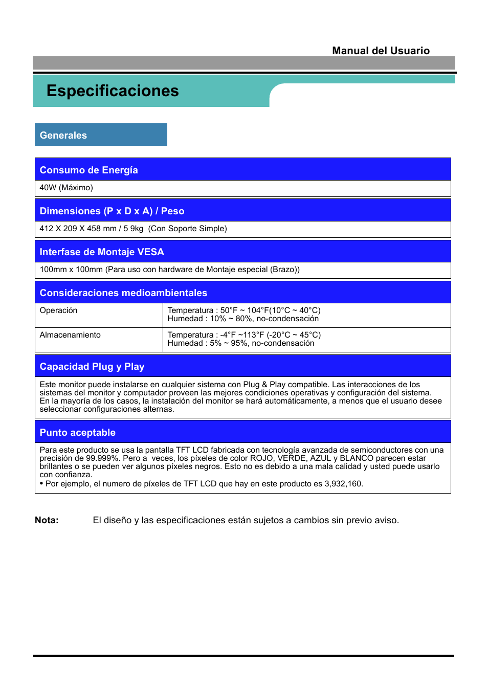 Especificaciones | Samsung 170S User Manual | Page 55 / 71