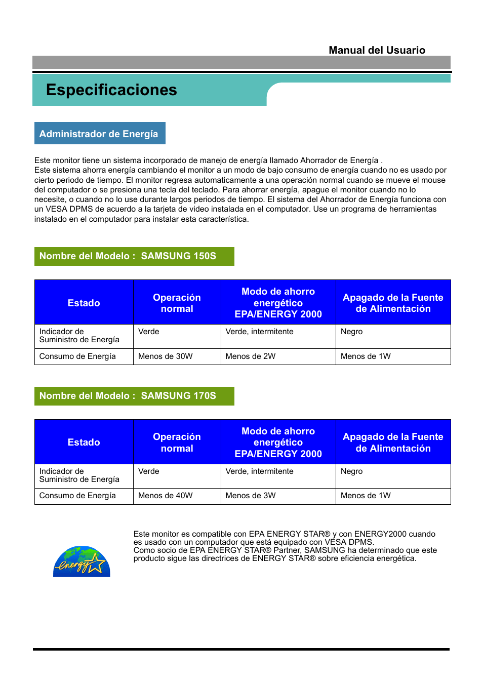 Especificaciones | Samsung 170S User Manual | Page 56 / 71