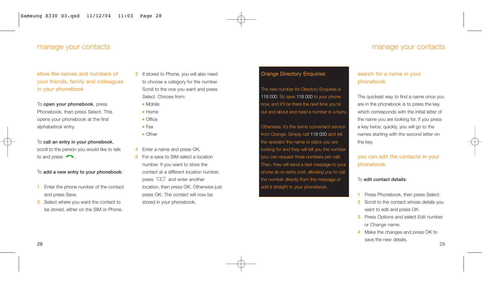 Manage your contacts | Samsung E330 User Manual | Page 15 / 93