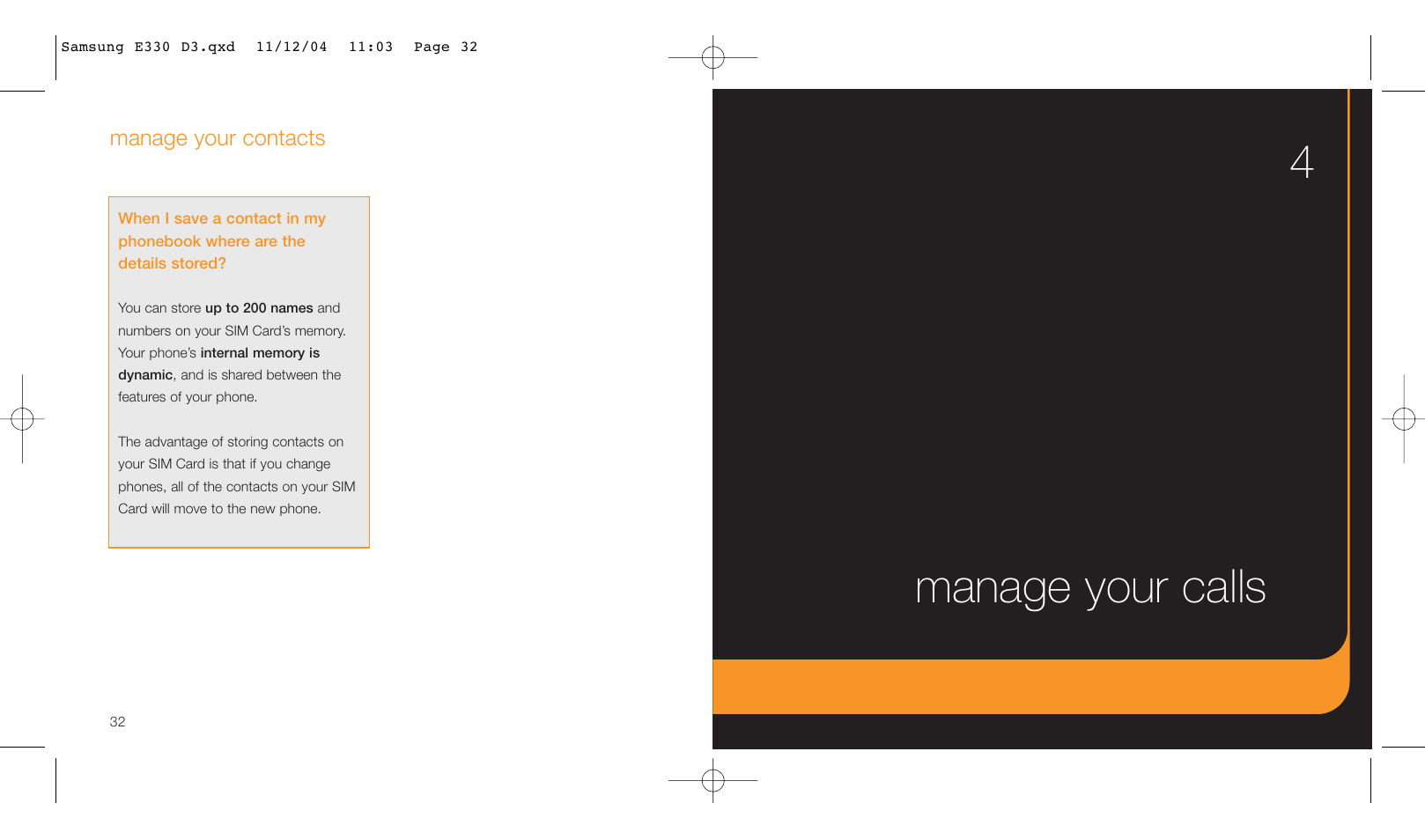 Manage your calls 4, Manage your contacts | Samsung E330 User Manual | Page 17 / 93