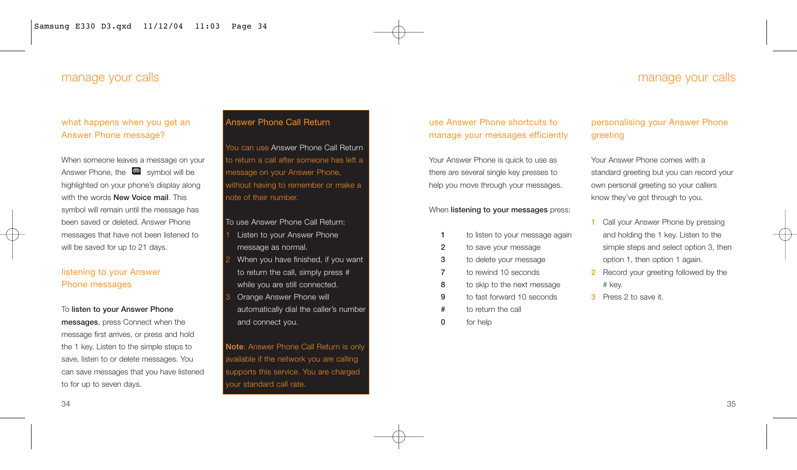 Manage your calls | Samsung E330 User Manual | Page 18 / 93