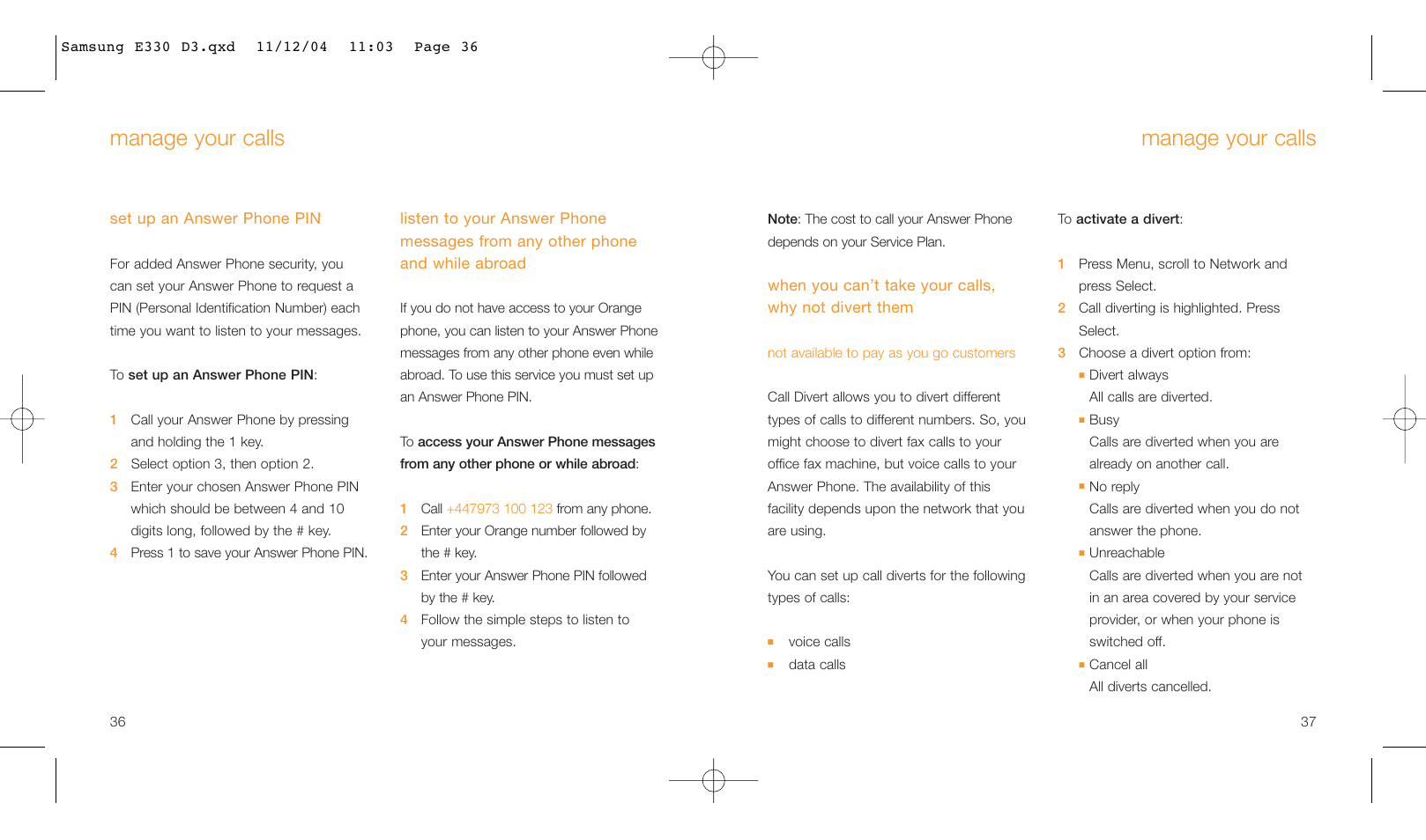 Manage your calls | Samsung E330 User Manual | Page 19 / 93