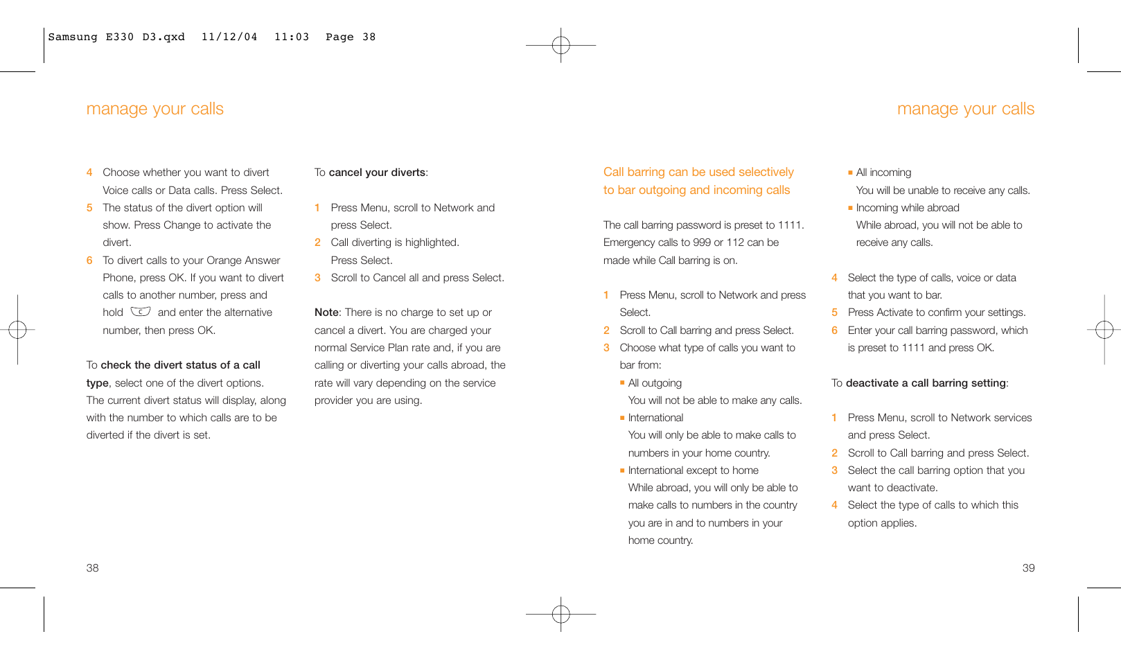 Manage your calls | Samsung E330 User Manual | Page 20 / 93