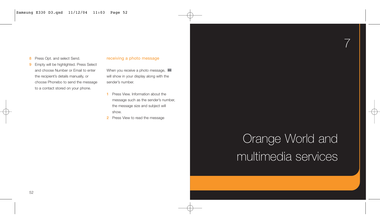 Orange world and multimedia services 7 | Samsung E330 User Manual | Page 27 / 93