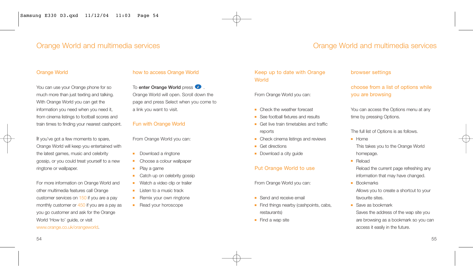 Orange world and multimedia services | Samsung E330 User Manual | Page 28 / 93