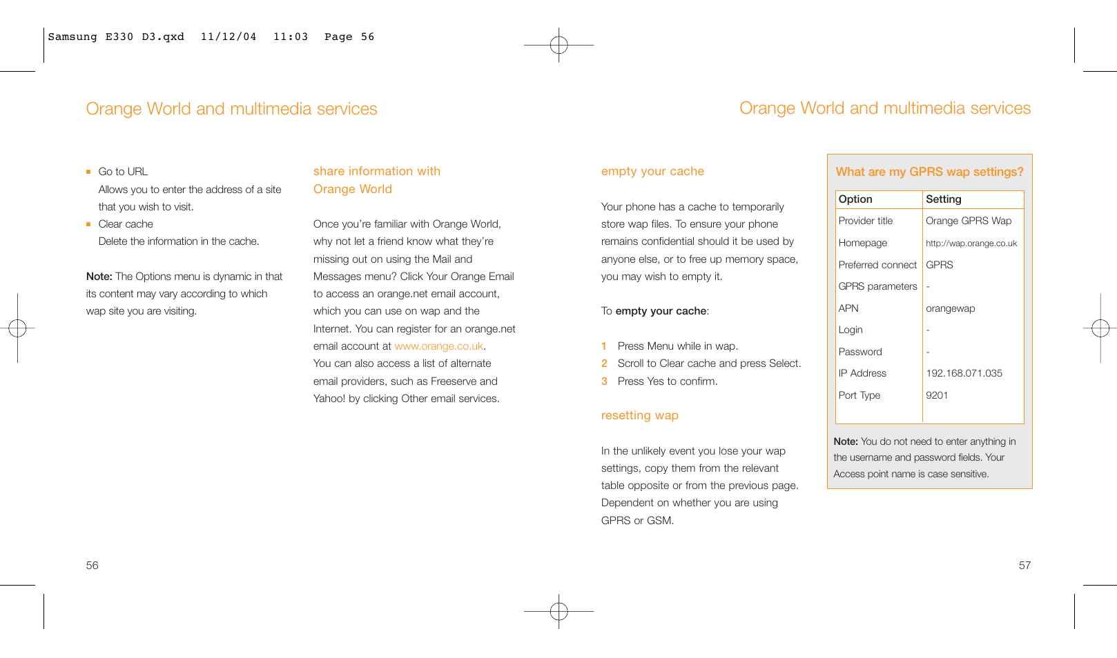 Orange world and multimedia services | Samsung E330 User Manual | Page 29 / 93