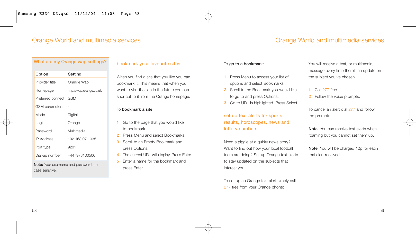 Orange world and multimedia services | Samsung E330 User Manual | Page 30 / 93