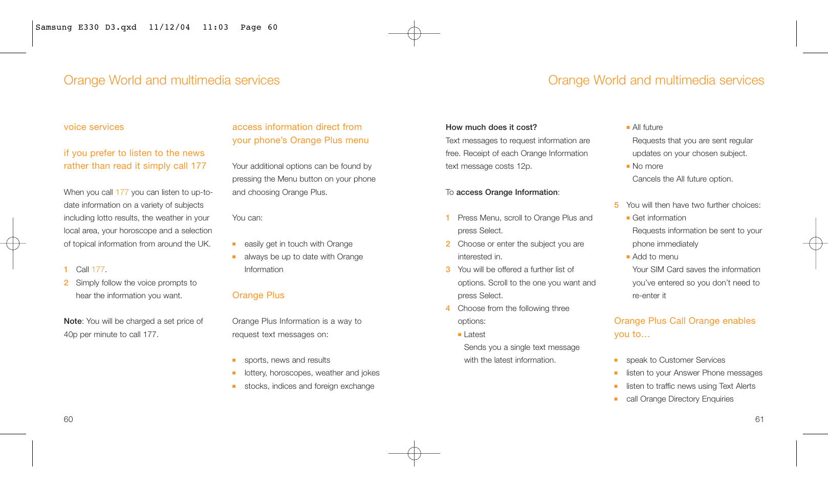 Orange world and multimedia services | Samsung E330 User Manual | Page 31 / 93