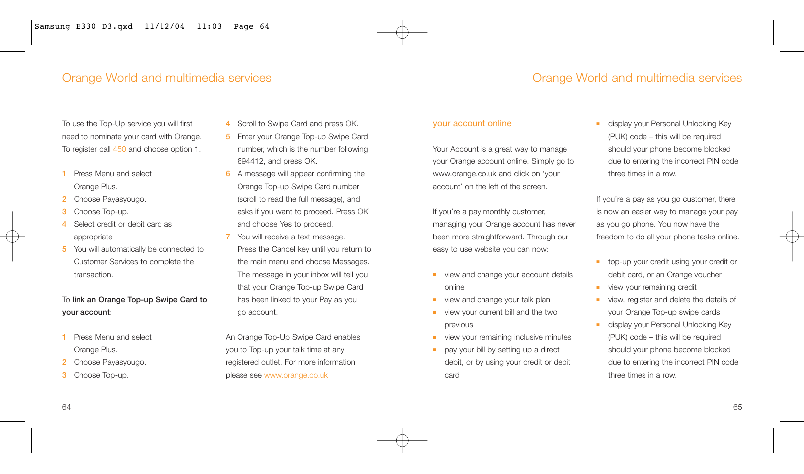 Orange world and multimedia services | Samsung E330 User Manual | Page 33 / 93