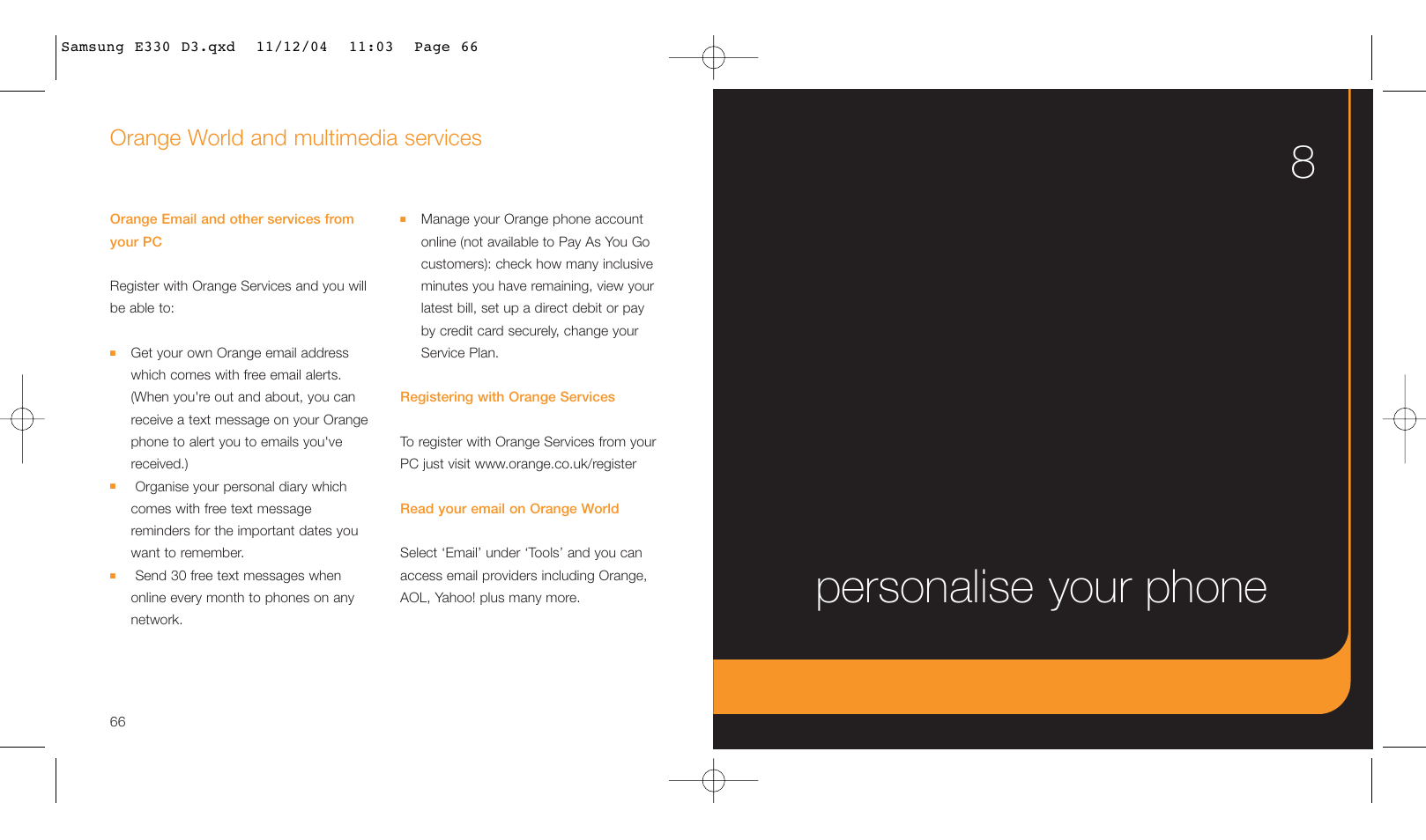 Personalise your phone 8, Orange world and multimedia services | Samsung E330 User Manual | Page 34 / 93