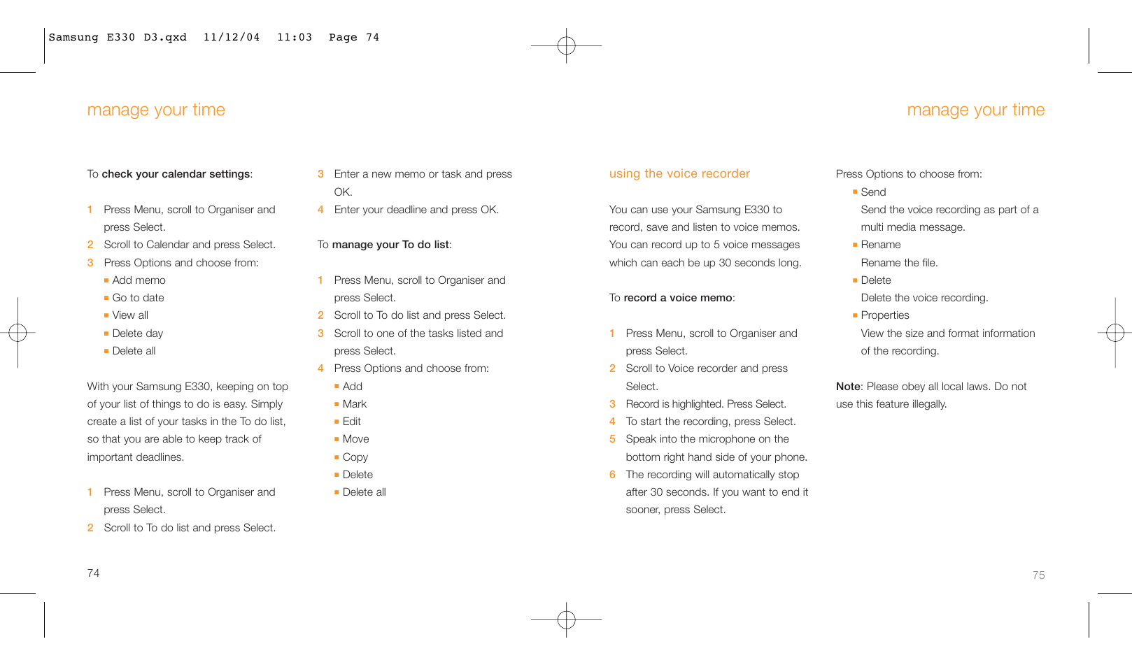 Manage your time | Samsung E330 User Manual | Page 38 / 93