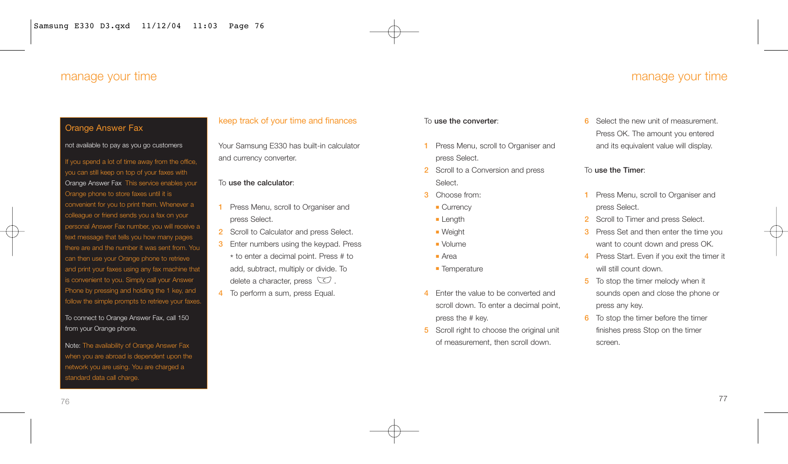 Manage your time | Samsung E330 User Manual | Page 39 / 93