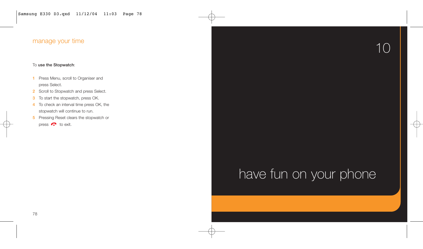 Have fun on your phone 10, Manage your time | Samsung E330 User Manual | Page 40 / 93