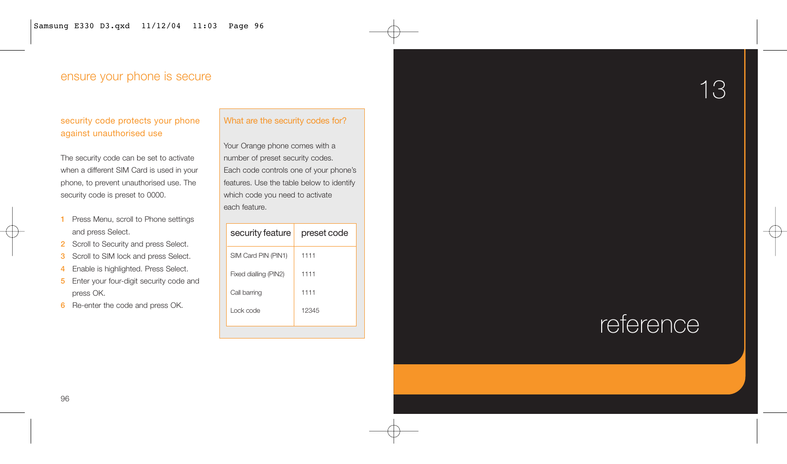 Reference 13, Ensure your phone is secure | Samsung E330 User Manual | Page 49 / 93
