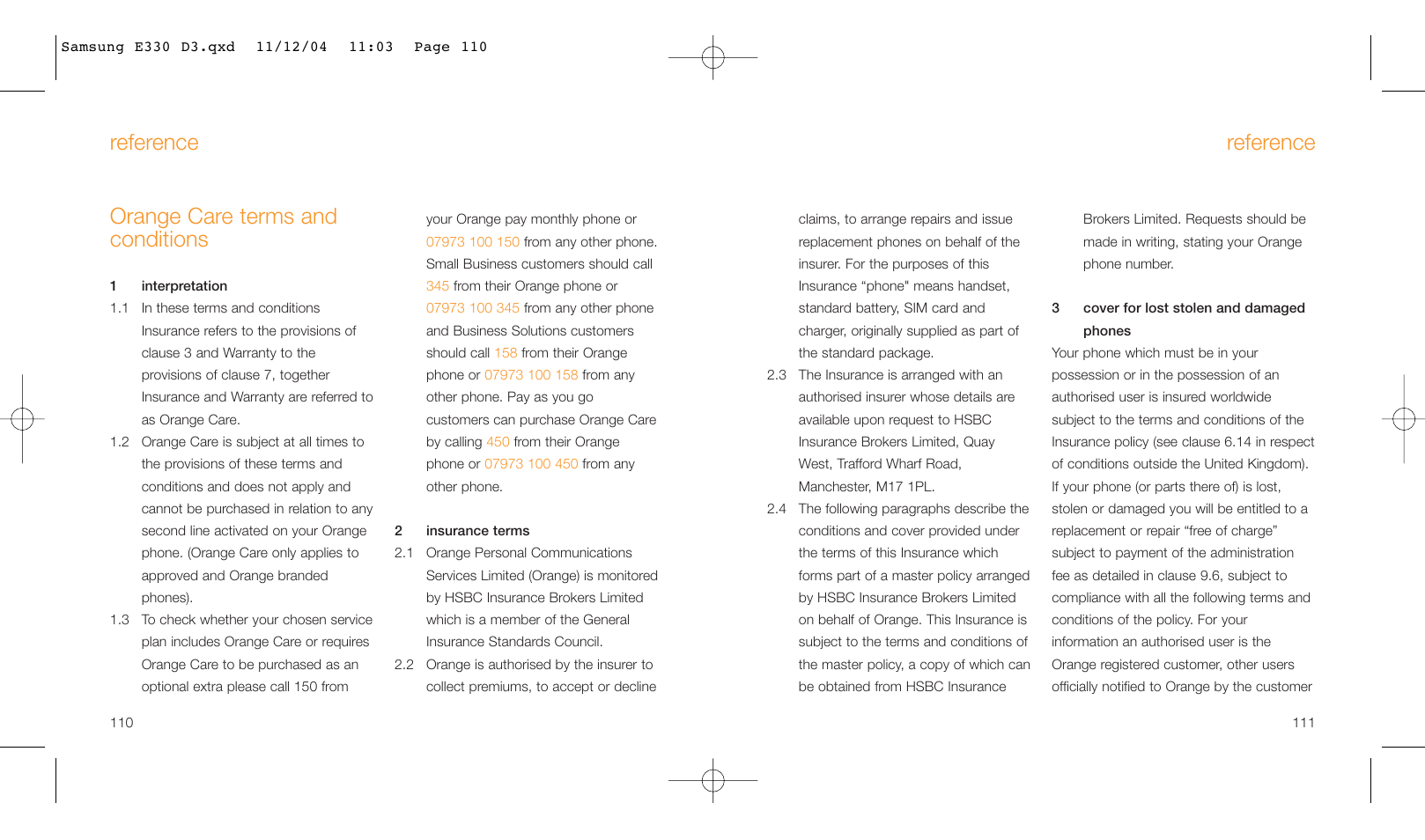 Orange care terms and conditions, Reference | Samsung E330 User Manual | Page 56 / 93