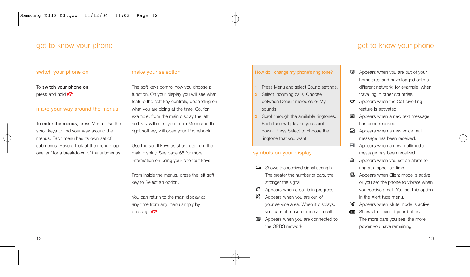 Get to know your phone | Samsung E330 User Manual | Page 7 / 93