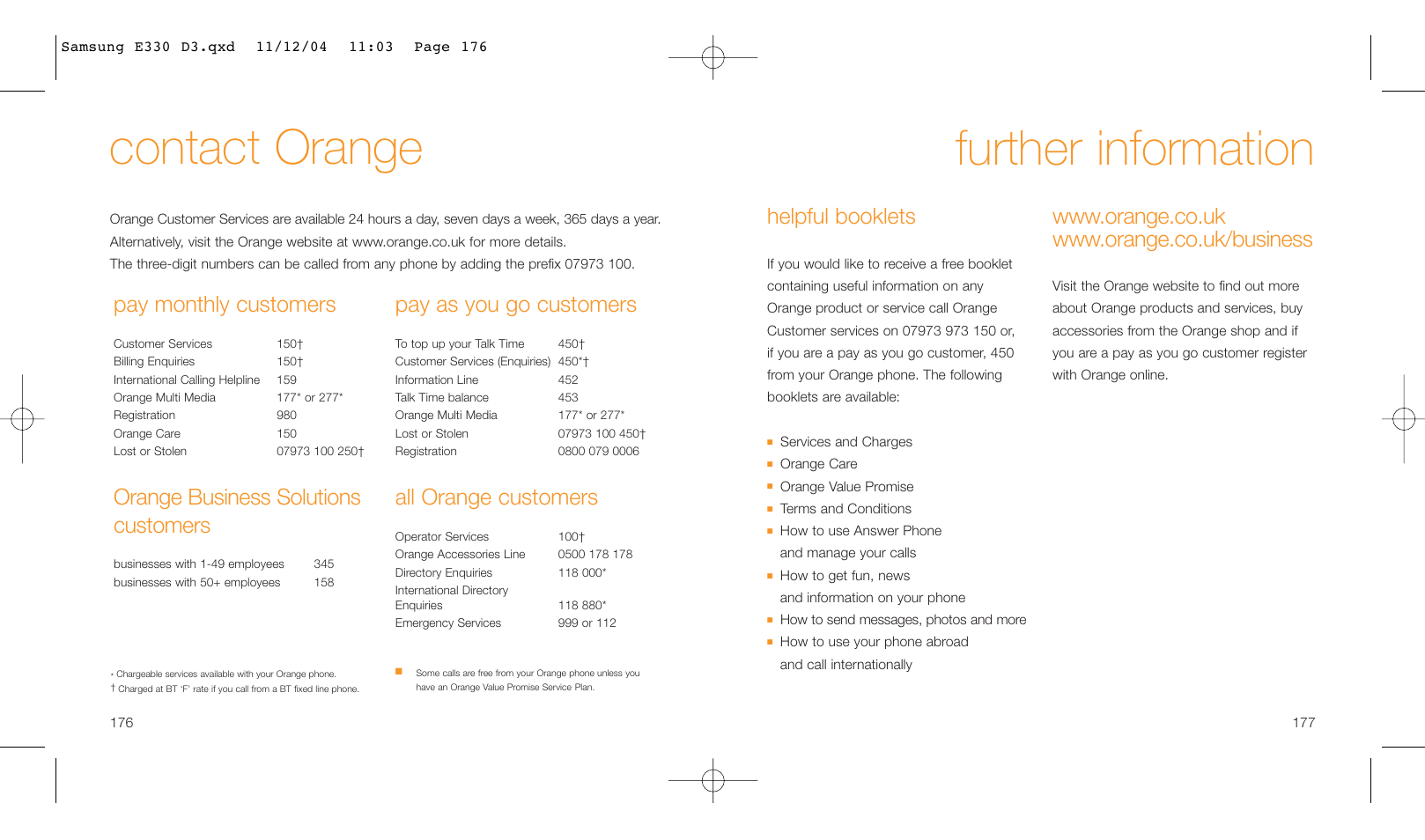 Further information, Contact orange, Helpful booklets | Pay monthly customers, Orange business solutions customers, Pay as you go customers, All orange customers | Samsung E330 User Manual | Page 89 / 93