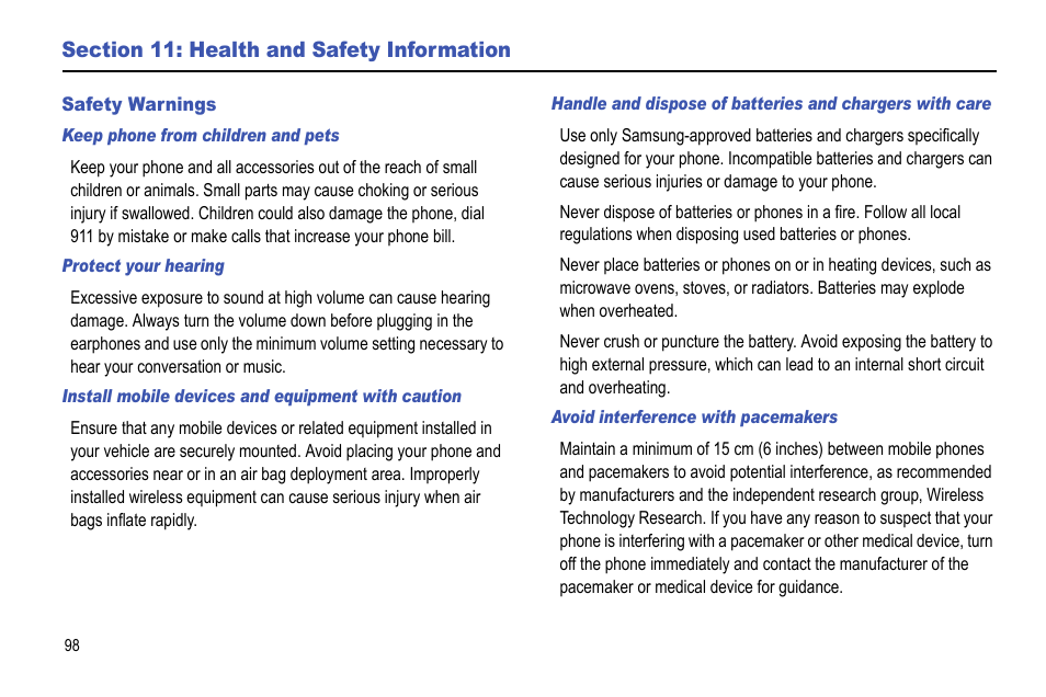 Section 11: health and safety information, Safety warnings | Samsung Focus i917R User Manual | Page 104 / 118