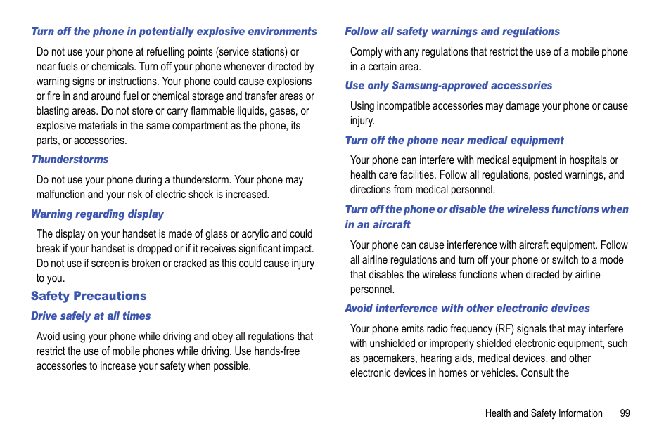 Safety precautions | Samsung Focus i917R User Manual | Page 105 / 118