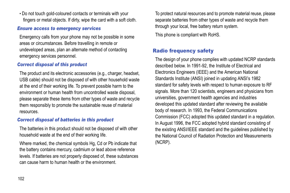 Radio frequency safety | Samsung Focus i917R User Manual | Page 108 / 118