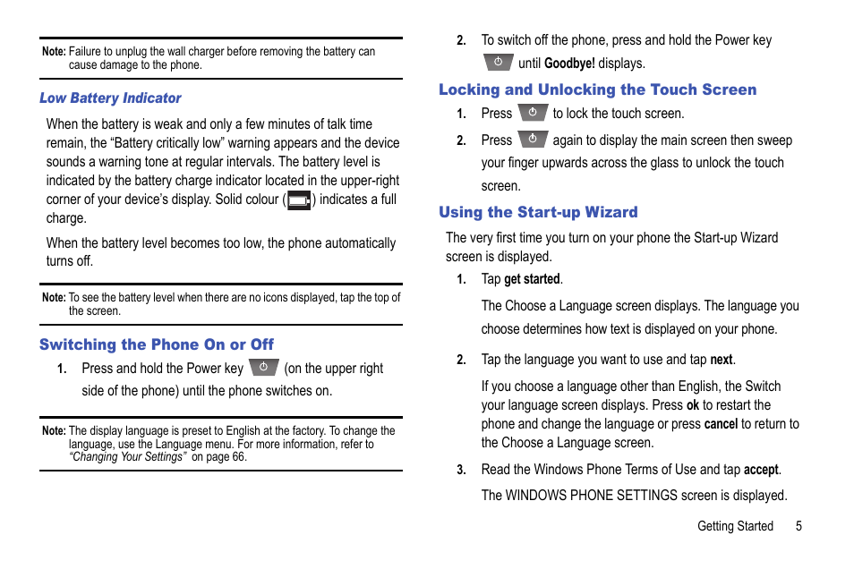 Switching the phone on or off, Locking and unlocking the touch screen, Using the start-up wizard | Samsung Focus i917R User Manual | Page 11 / 118