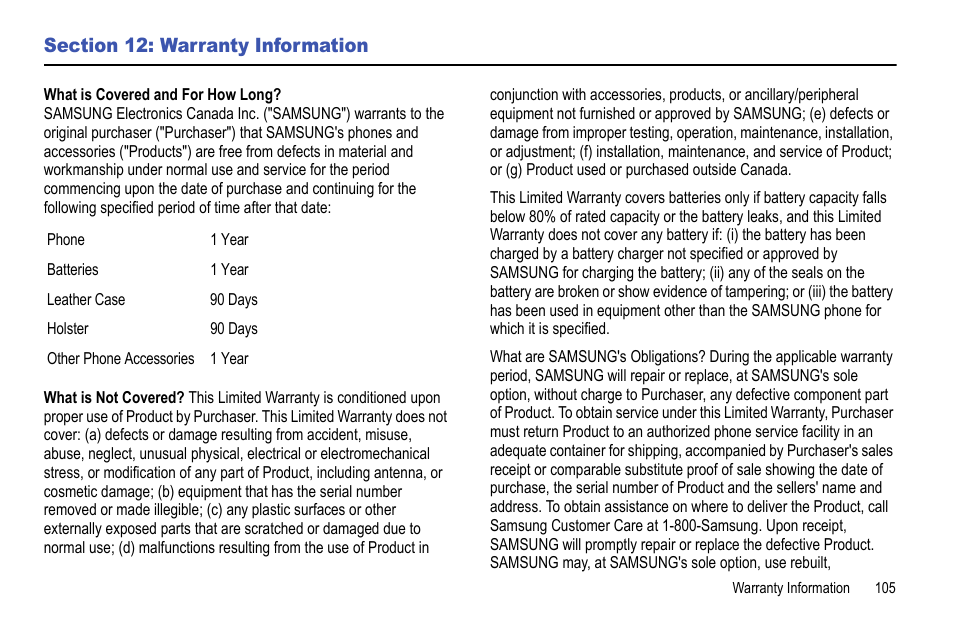 Section 12: warranty information | Samsung Focus i917R User Manual | Page 111 / 118