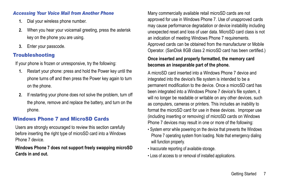 Troubleshooting, Windows phone 7 and microsd cards, Troubleshooting windows phone 7 and microsd cards | Samsung Focus i917R User Manual | Page 13 / 118