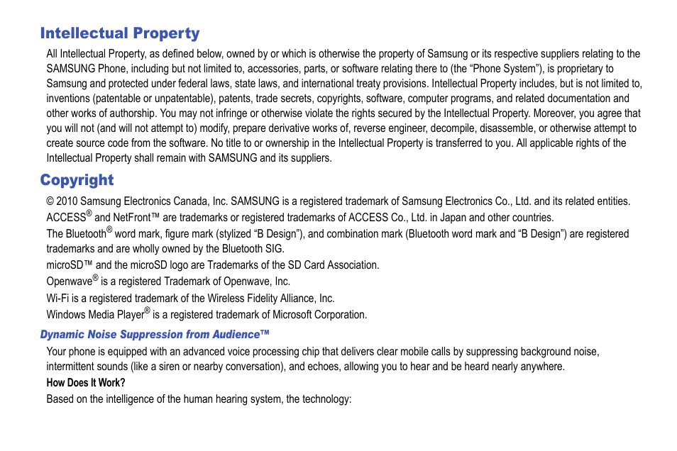 Intellectual property, Copyright | Samsung Focus i917R User Manual | Page 2 / 118