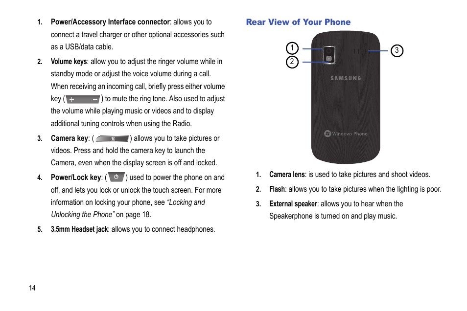 Rear view of your phone | Samsung Focus i917R User Manual | Page 20 / 118