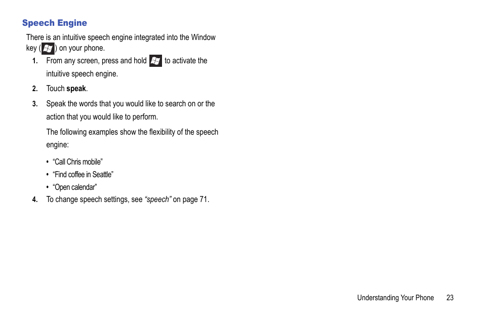 Speech engine | Samsung Focus i917R User Manual | Page 29 / 118