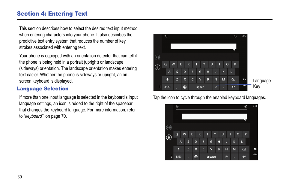 Section 4: entering text, Language selection | Samsung Focus i917R User Manual | Page 36 / 118