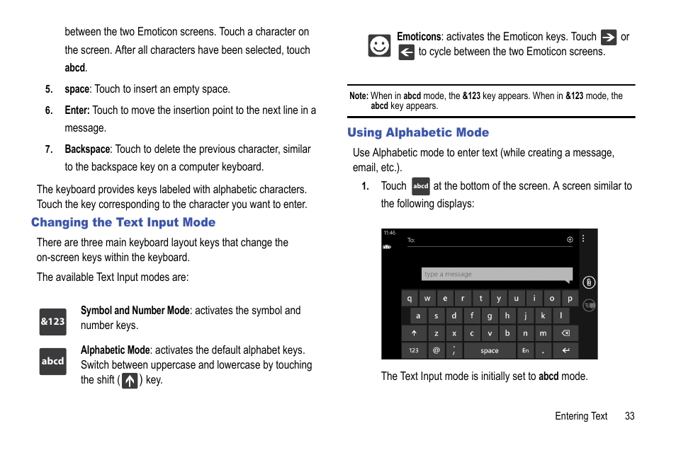 Changing the text input mode, Using alphabetic mode, Changing the text input mode using alphabetic mode | Samsung Focus i917R User Manual | Page 39 / 118