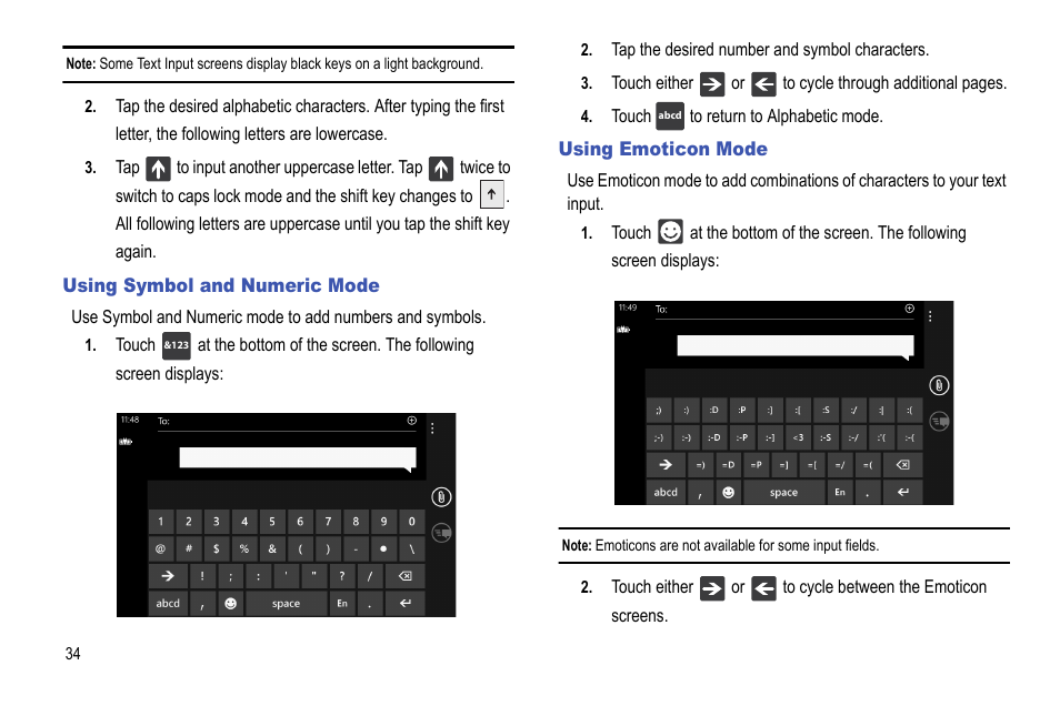 Using symbol and numeric mode, Using emoticon mode, Using symbol and numeric mode using emoticon mode | Samsung Focus i917R User Manual | Page 40 / 118