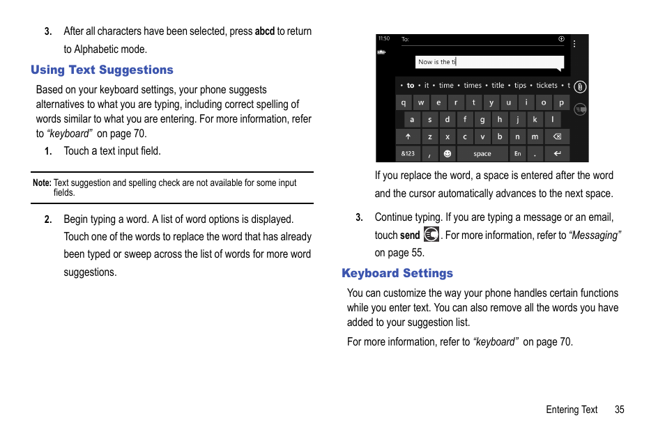 Using text suggestions, Keyboard settings, Using text suggestions keyboard settings | Samsung Focus i917R User Manual | Page 41 / 118
