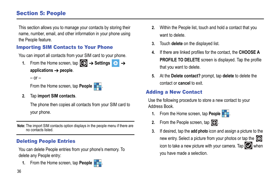 Section 5: people, Importing sim contacts to your phone, Deleting people entries | Adding a new contact | Samsung Focus i917R User Manual | Page 42 / 118