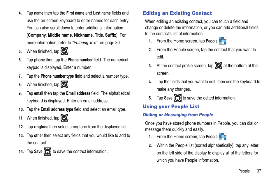 Editing an existing contact, Using your people list, Editing an existing contact using your people list | Samsung Focus i917R User Manual | Page 43 / 118