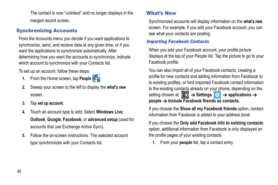 Synchronizing accounts, What’s new, Synchronizing accounts what’s new | Samsung Focus i917R User Manual | Page 46 / 118