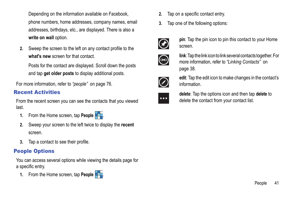 Recent activities, People options, Recent activities people options | Samsung Focus i917R User Manual | Page 47 / 118