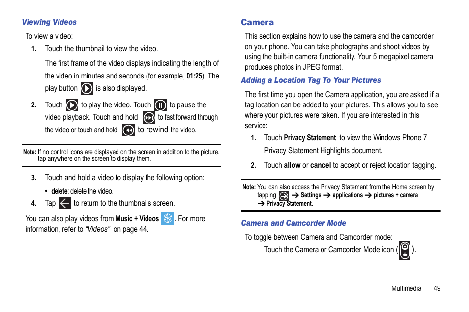Camera | Samsung Focus i917R User Manual | Page 55 / 118