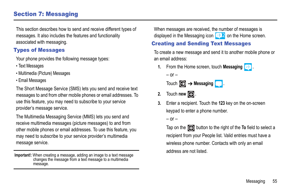 Section 7: messaging, Types of messages, Creating and sending text messages | For more information, refer to “messaging | Samsung Focus i917R User Manual | Page 61 / 118