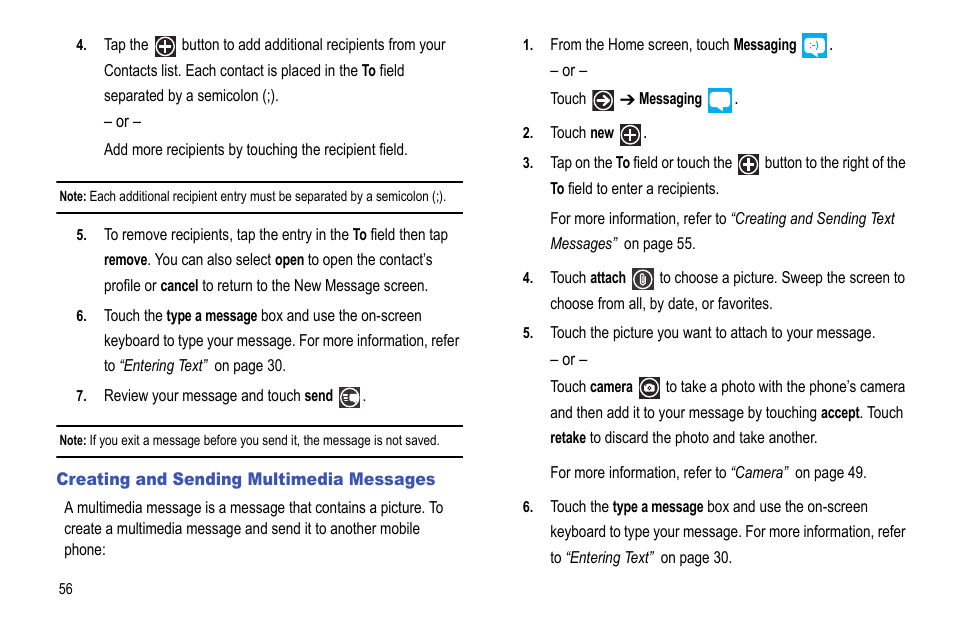 Creating and sending multimedia messages, In-line. for | Samsung Focus i917R User Manual | Page 62 / 118